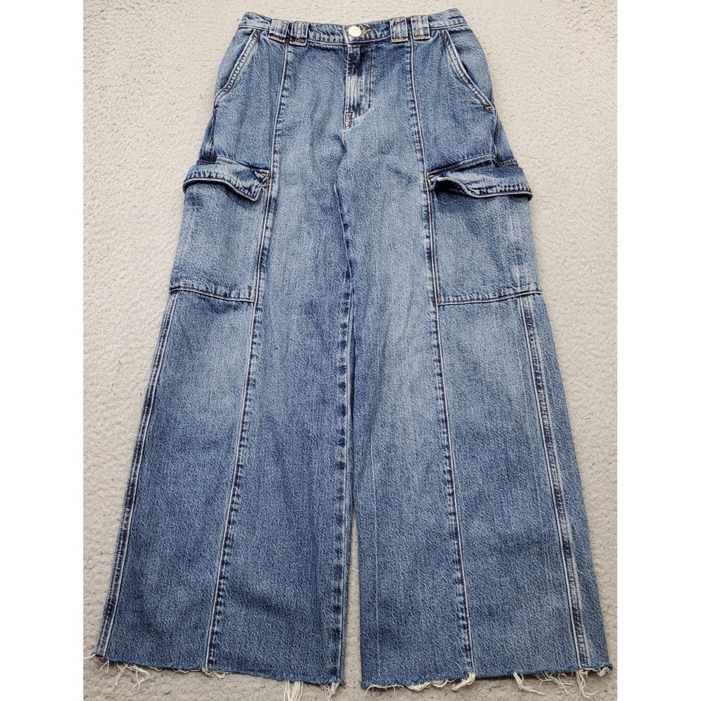 Hudson Utility Cargo Jeans Women 25 Blue Denim Faded Frayed Hem Outdoor Wide Leg